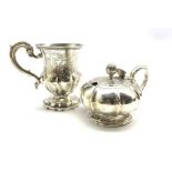 William IV silver mustard pot of lobed circular design with bud lift and leaf capped handle London 1