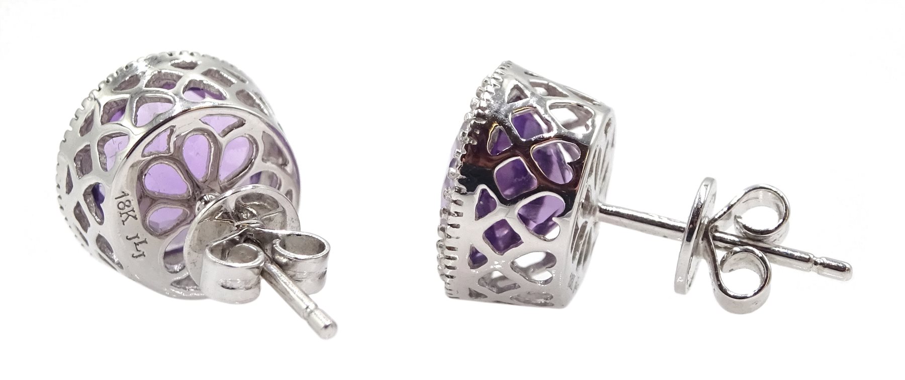 Pair of 18ct white gold amethyst and diamond circular stud earrings, hallmarked - Image 2 of 2