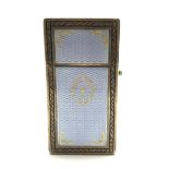 Edwardian ladies silver gilt and guilloche enamel visiting card case inlaid with gold pique on a blu
