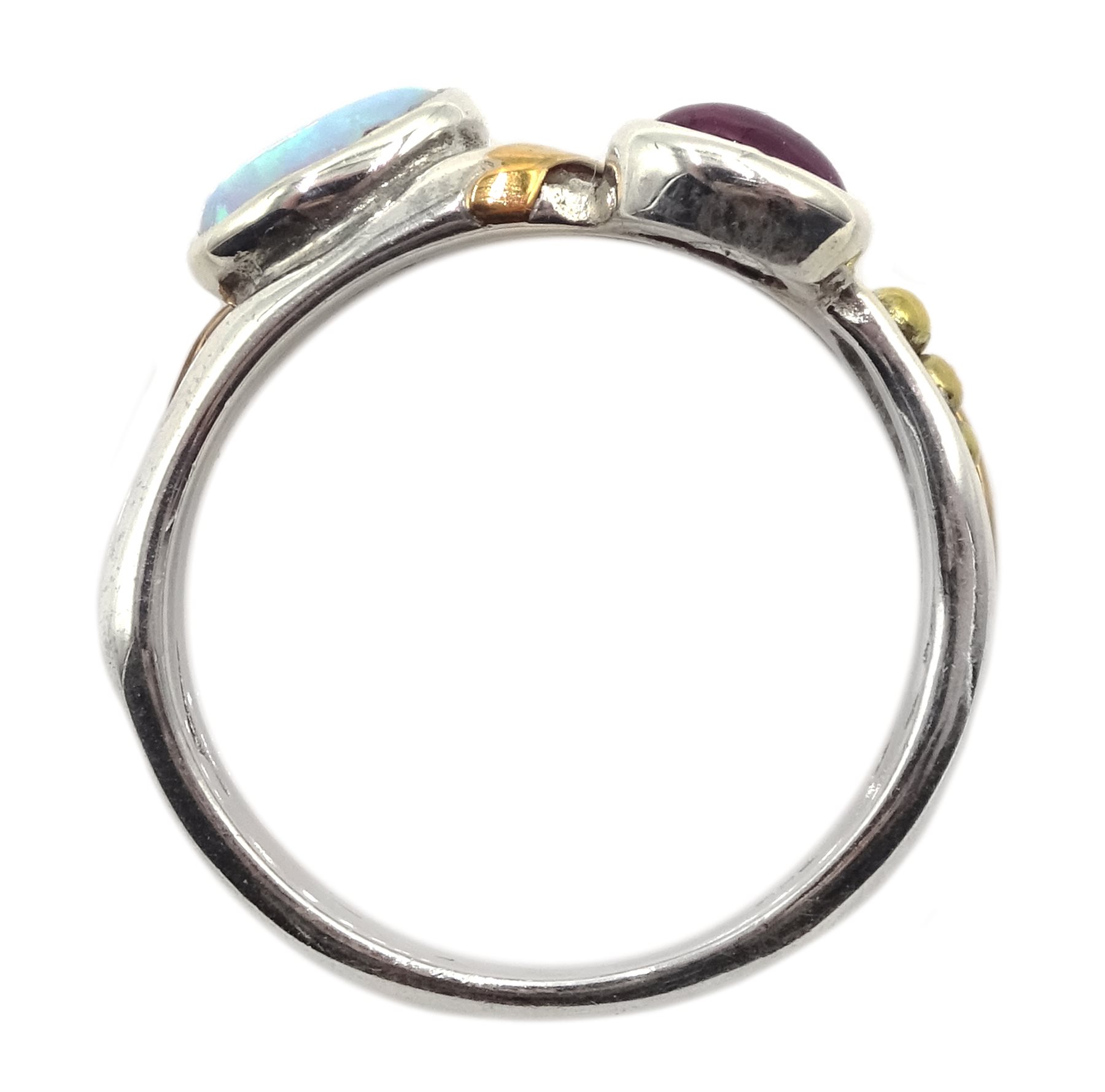 Silver and 14ct gold wire ruby and opal ring, stamped 925 - Image 3 of 3