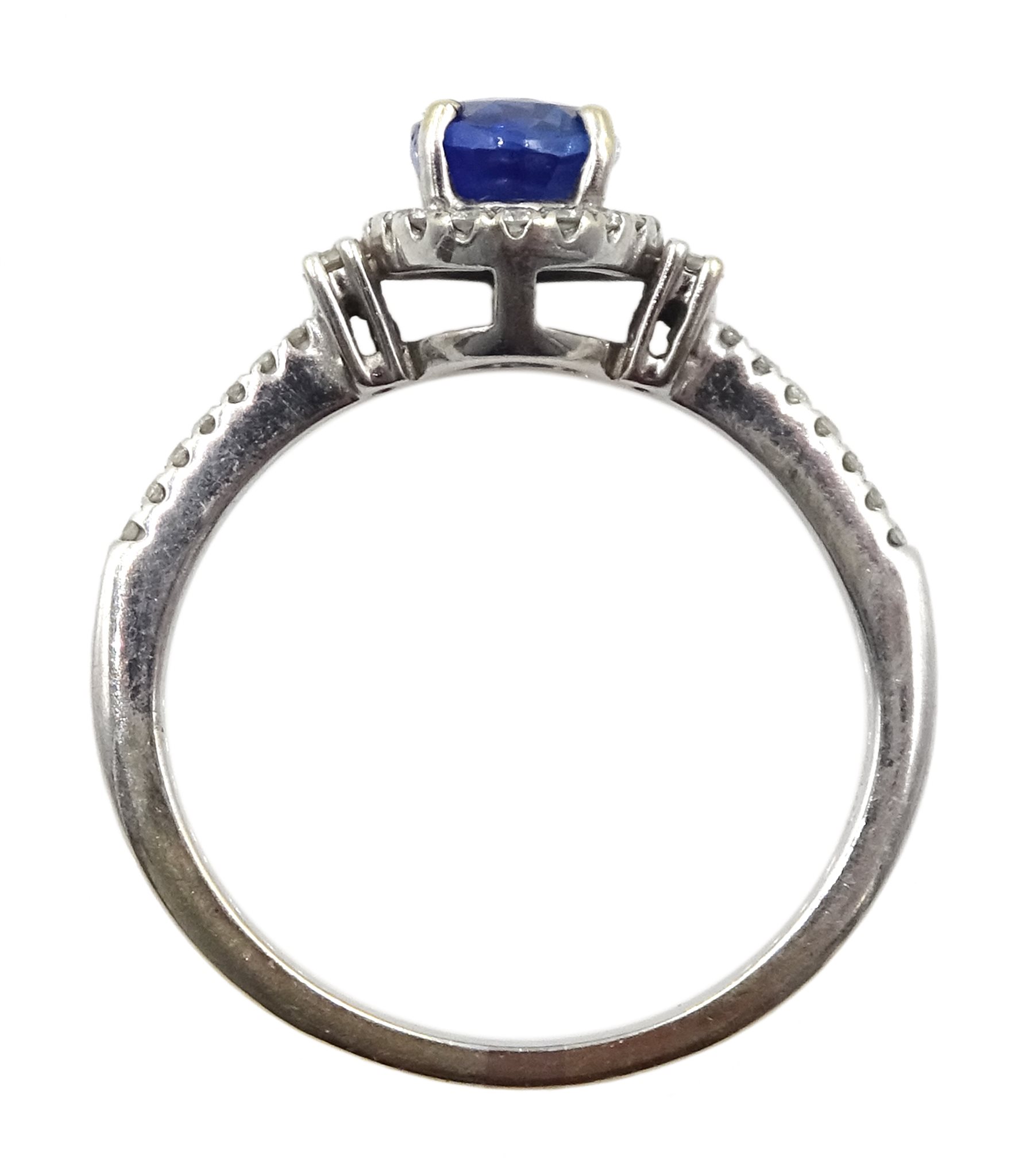 18ct white gold oval sapphire and diamond halo ring, with diamond set shoulders, stamped 750 - Image 5 of 5