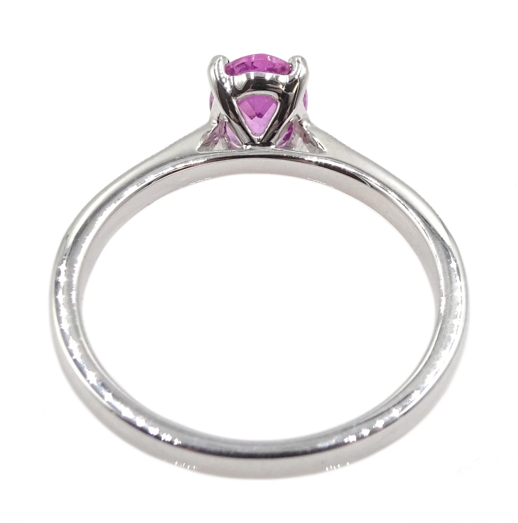 18ct white gold oval pink sapphire ring, with diamond set shoulders, hallmarked, sapphire approx 0.9 - Image 5 of 5