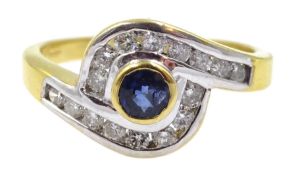 18ct gold diamond and sapphire crossover ring, the bezel set sapphire with 16 channel set diamond su