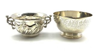 Victorian silver circular bowl engraved with foliage and laurel wreath cartouche D10.5cm London 1869