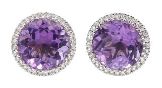 Pair of 18ct white gold amethyst and diamond circular stud earrings, hallmarked