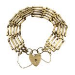 9ct gold five bar link bracelet, with heart locket clasp hallmarked, approx 11.7gm