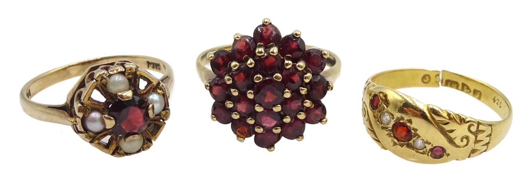 Edwardian 18ct gold five stone garnet and stone set ring, Chester 1906, 9ct gold garnet and pearl ri