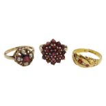 Edwardian 18ct gold five stone garnet and stone set ring, Chester 1906, 9ct gold garnet and pearl ri