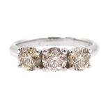 18ct white gold round brilliant cut three stone diamond ring, hallmarked, total diamond weight appro