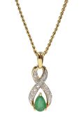 9ct gold pear shaped emerald and diamond pendant necklace, hallmarked