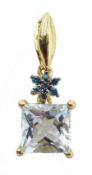 Gold aquamarine and clue diamond pendant, stamped 9K, aquamarine approx 1.00 carat