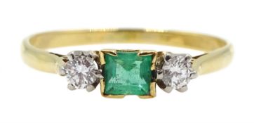 18ct gold three stone emerald and diamond ring