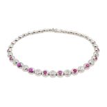 18ct white gold round ruby and diamond, rubover set bracelet