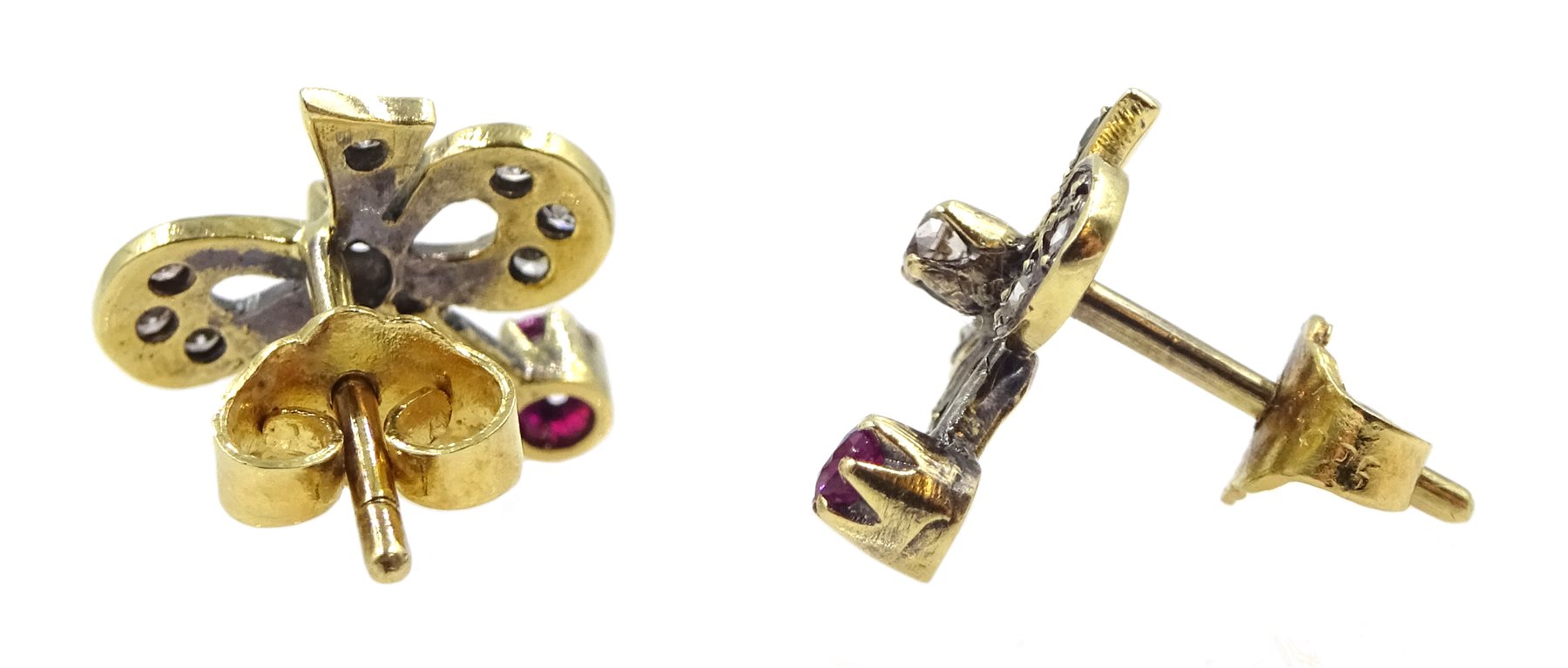 Pair of 17ct gold diamond and ruby bow stud earrings - Image 2 of 2