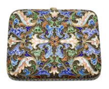 Russian silver gilt and enamel purse of scrolling design in polychrome enamels on a matt ground and