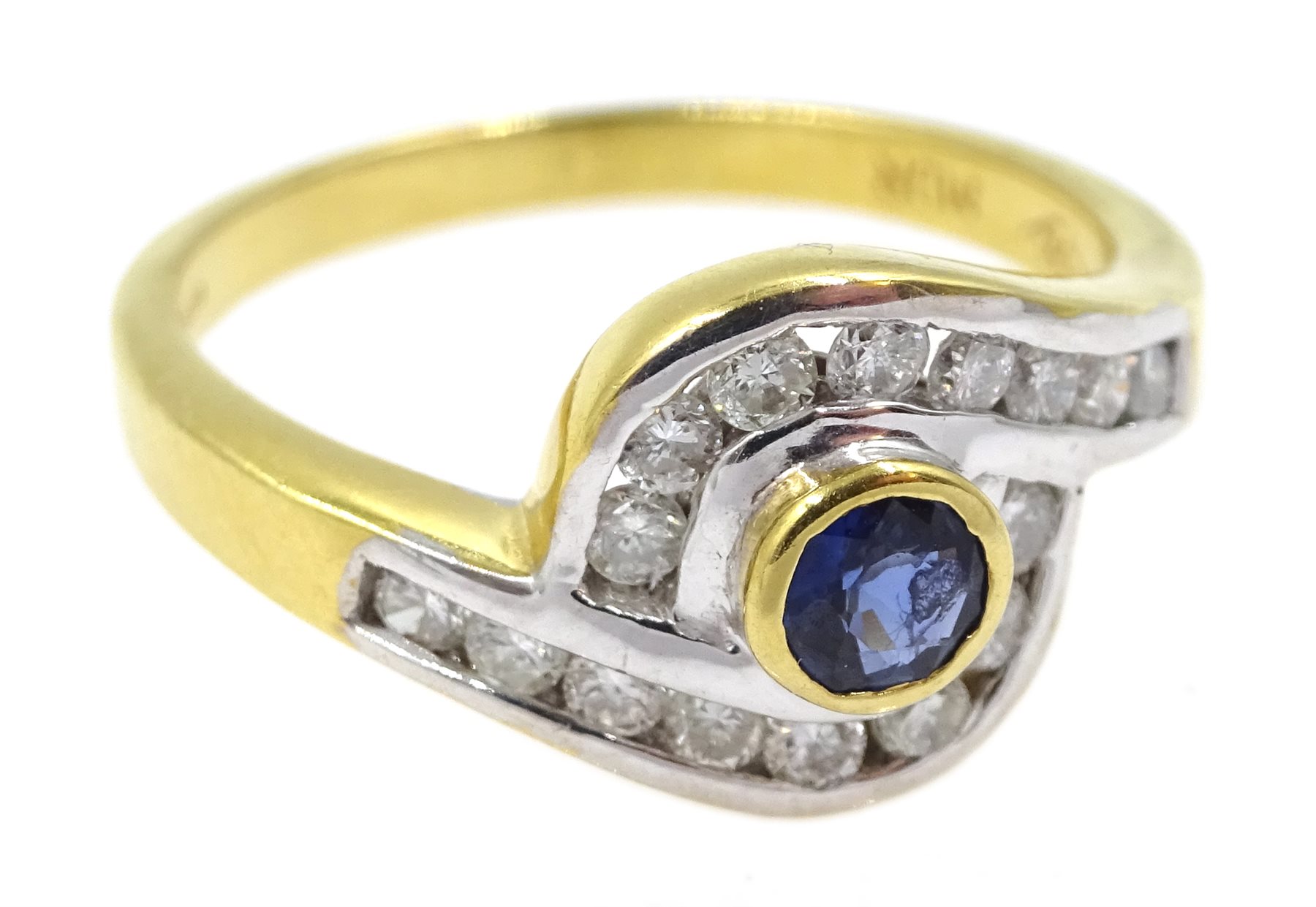 18ct gold diamond and sapphire crossover ring, the bezel set sapphire with 16 channel set diamond su - Image 3 of 4