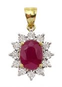 Gold oval ruby and round brilliant cut diamond pendant, stamped 375, ruby approx 1.80 carat