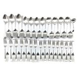 Suite of Old English pattern silver table cutlery comprising fourteen table forks, eight soup spoons
