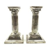 Pair of Victorian silver Corinthian column candlesticks on square bases H15cm London 1888 Maker Mart