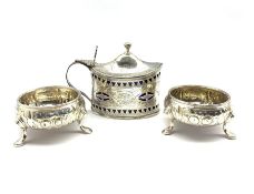 George III silver navette shape mustard pot with engraved and pierced sides and initialled 'WJW' wit
