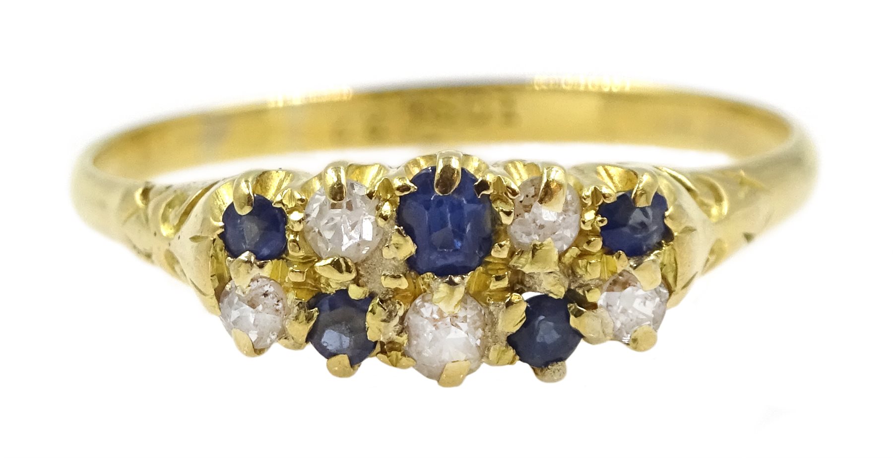 Gold old cut diamond and sapphire two row ring, stamped 18ct