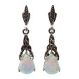 Pair of silver opal and marcasite pendant earrings, stamped 925