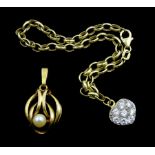 Gold cubic zirconia heart bracelet and gold pearl pendant, both 9ct stamped or hallmarked