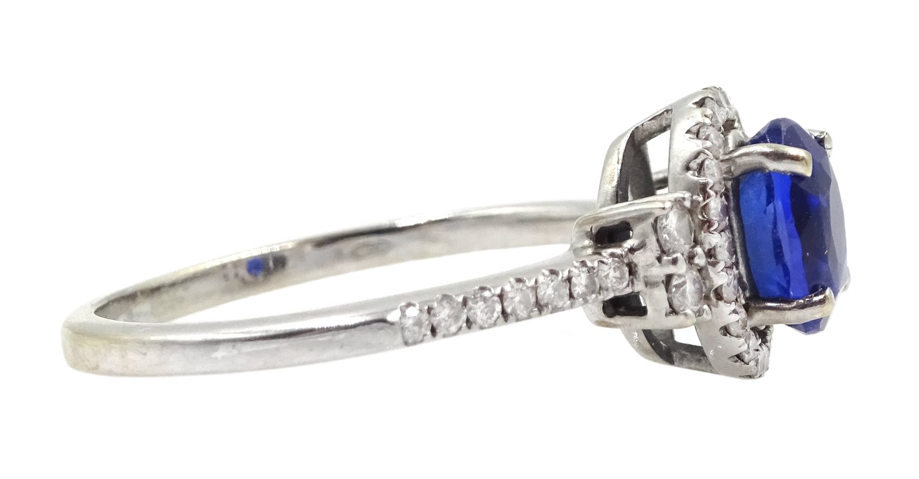 18ct white gold oval sapphire and diamond halo ring, with diamond set shoulders, stamped 750 - Image 4 of 5