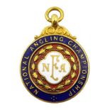 9ct gold and enamel 'National Angling Championship' presentation medallion, makers mark HM, Birmingh