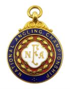 9ct gold and enamel 'National Angling Championship' presentation medallion, makers mark HM, Birmingh