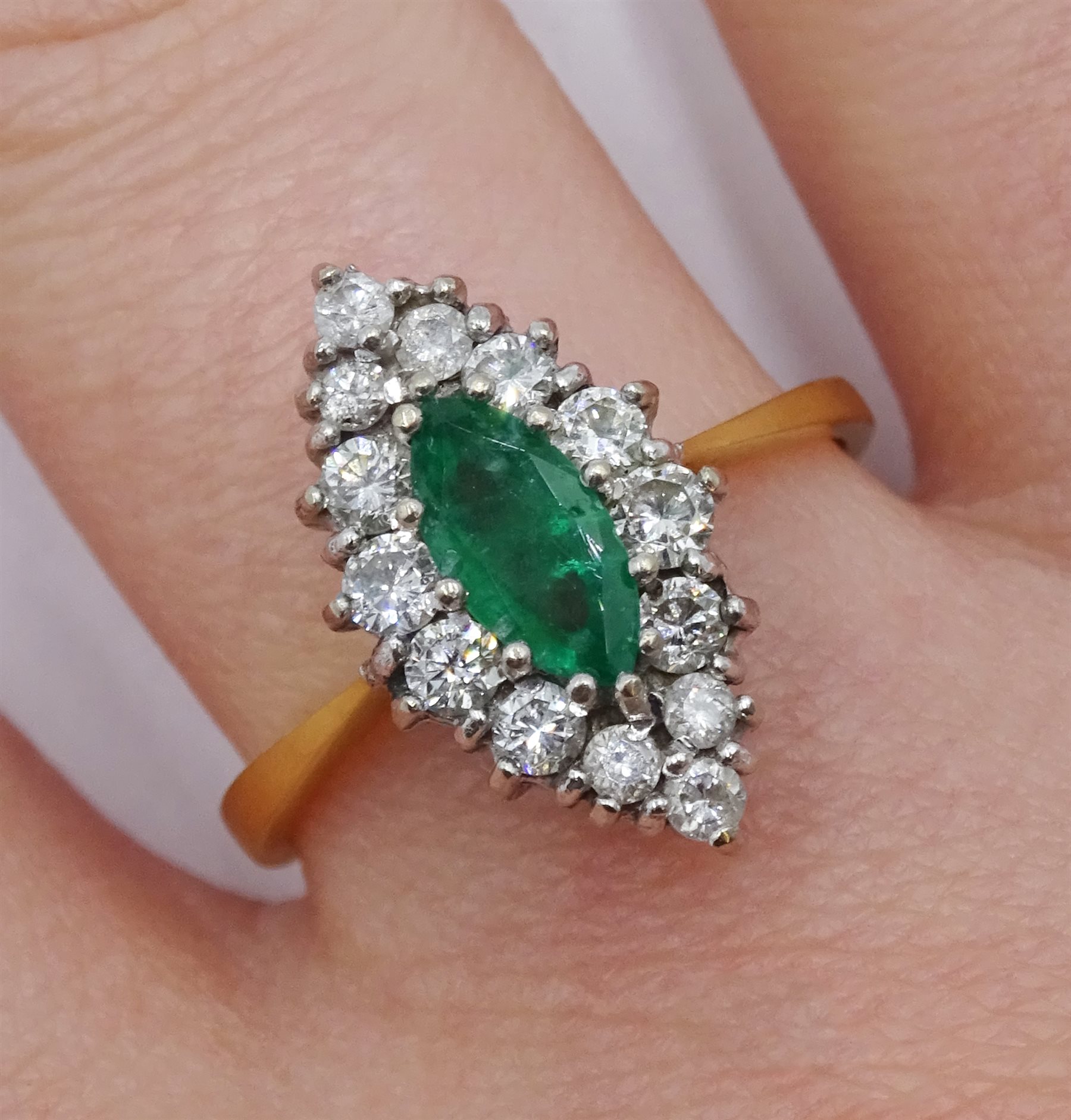 18ct gold marquise emerald and round brilliant cut diamond, marquise shaped ring, London 1987 - Image 2 of 4