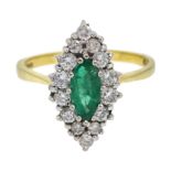 18ct gold marquise emerald and round brilliant cut diamond, marquise shaped ring, London 1987