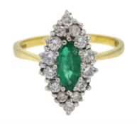 18ct gold marquise emerald and round brilliant cut diamond, marquise shaped ring, London 1987