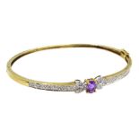 9ct gold amethyst and diamond hinged bangle, hallmarked