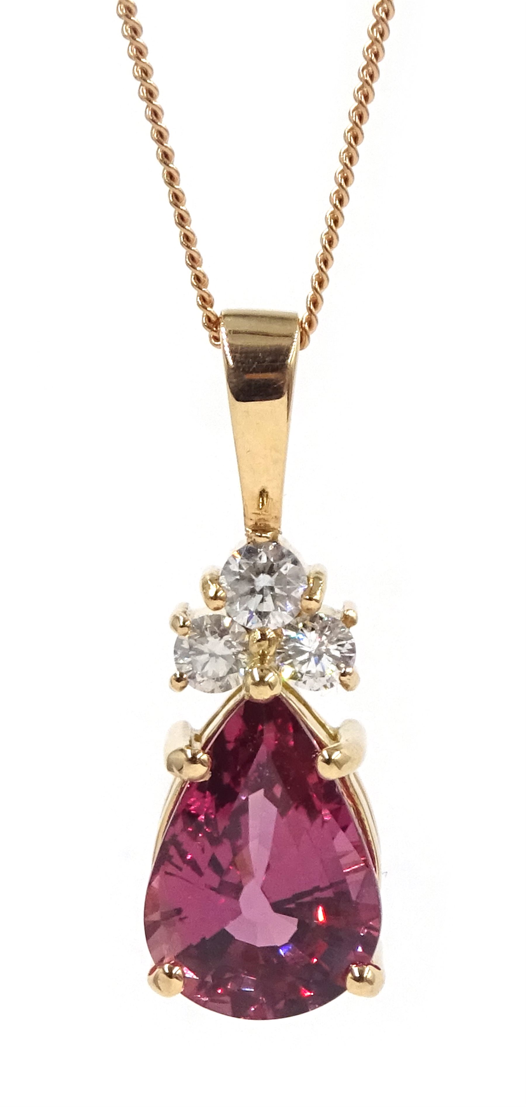 18ct rose gold pear shaped pink sapphire and round brilliant cut diamond pendant necklace, hallmarke