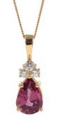 18ct rose gold pear shaped pink sapphire and round brilliant cut diamond pendant necklace, hallmarke