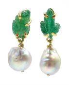 Two gold carved leaf design jade and pearl pendant earrings