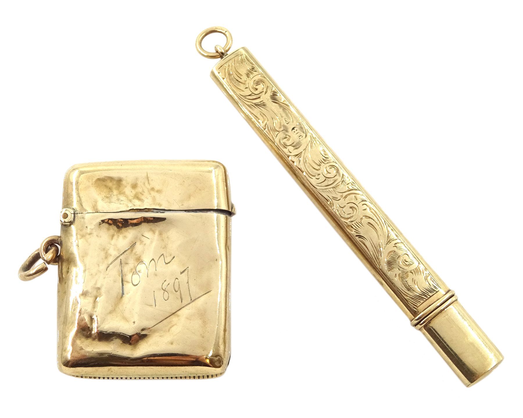 9ct gold pencil holder, engraved leaf and initialled decoration by E Baker & Son, Chester 1921 and a