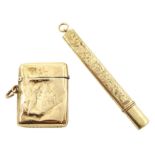 9ct gold pencil holder, engraved leaf and initialled decoration by E Baker & Son, Chester 1921 and a