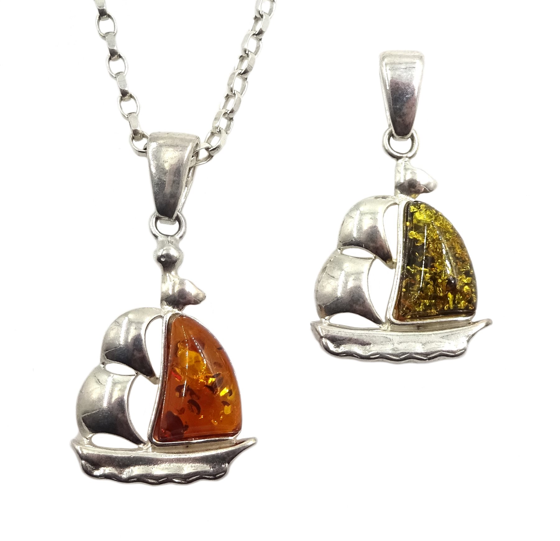 Silver amber boat pendant necklace, one other green amber boat pendant, amber pendant and silver sto - Image 2 of 4