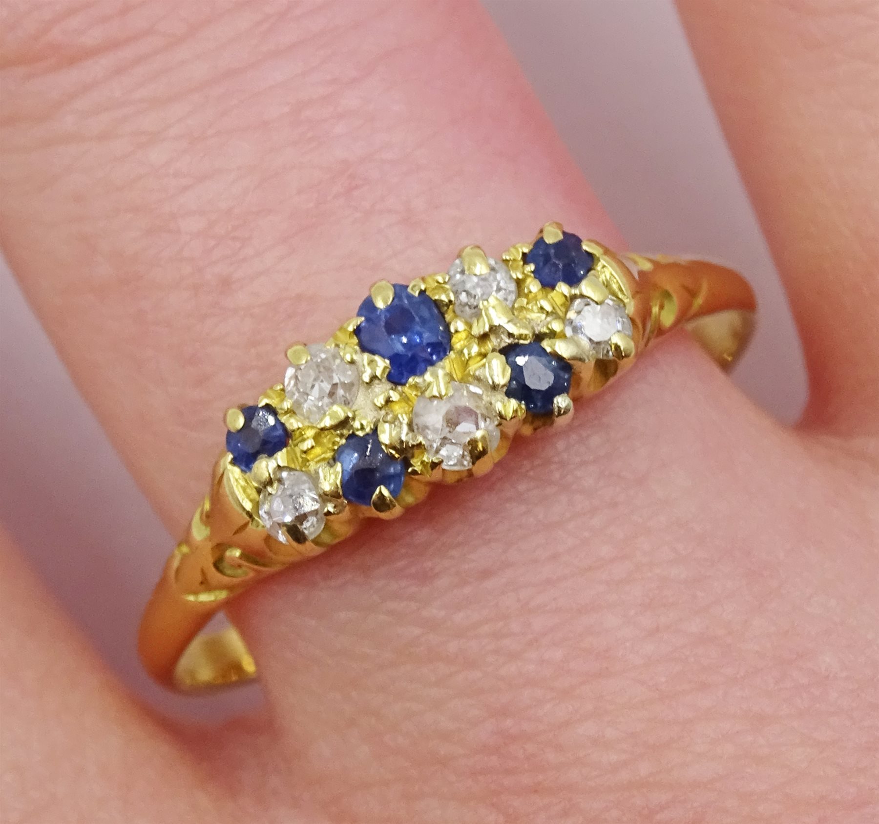 Gold old cut diamond and sapphire two row ring, stamped 18ct - Image 2 of 4