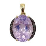 9ct gold oval lavender quartz and red diamond pendant, hallmarked