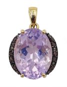 9ct gold oval lavender quartz and red diamond pendant, hallmarked