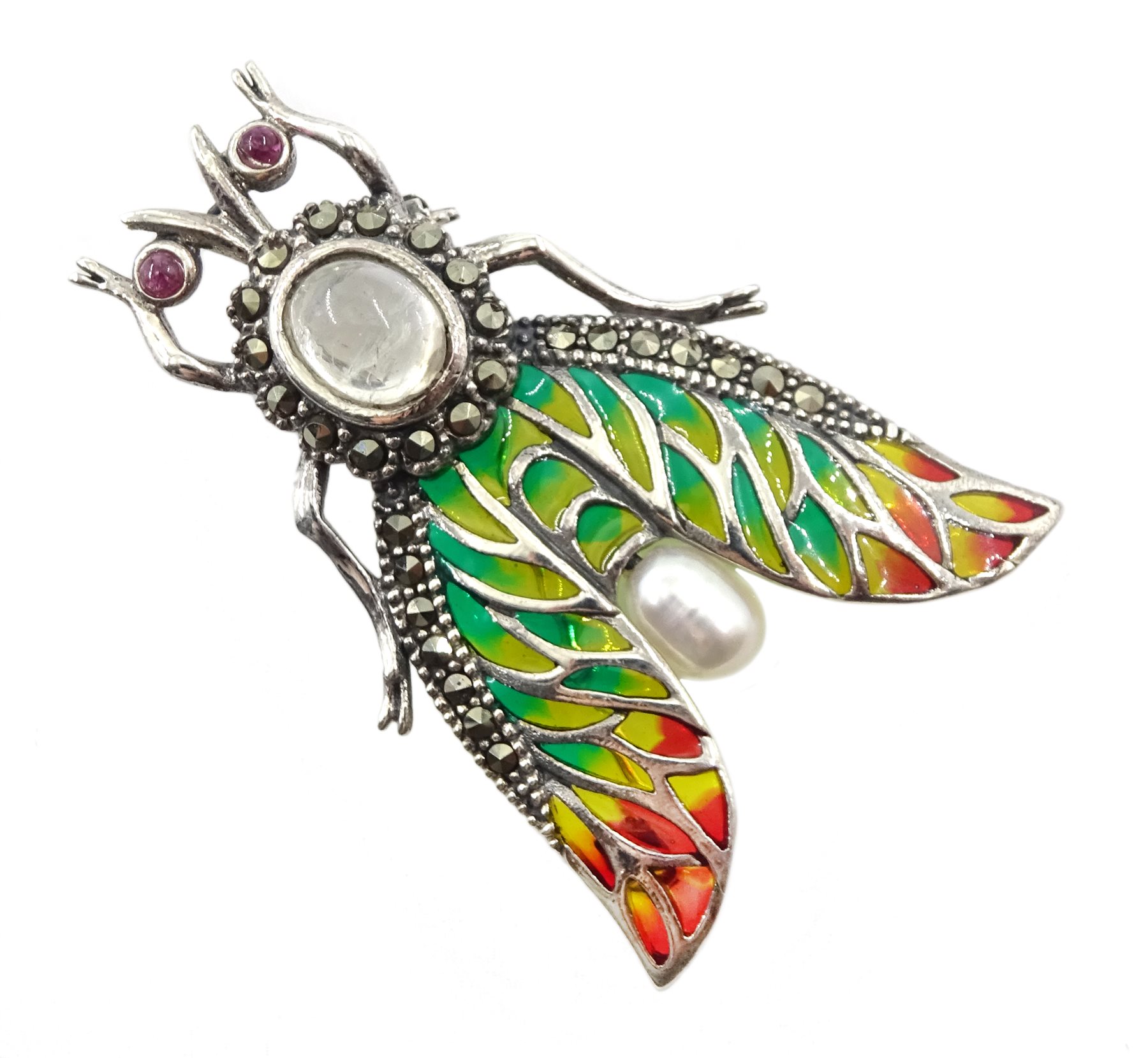 Silver plique-a-jour, marcasite, ruby, moonstone and pearl insect brooch