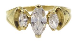 9ct gold three stone marquise shaped cubic zirconia ring, hallmarked