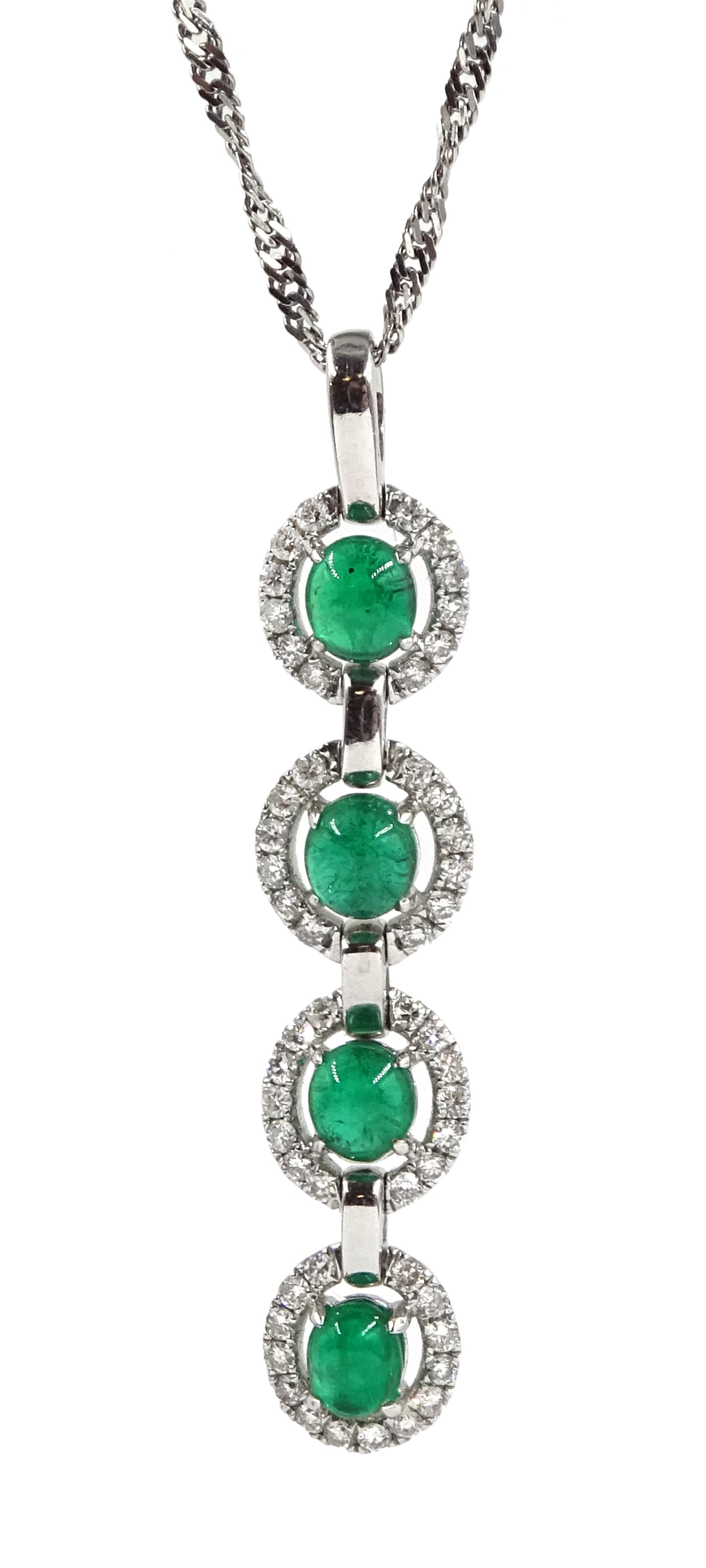 18ct white gold emerald and diamond pendant, four oval cabochon emeralds, with diamond halo surround