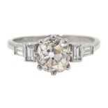 Platinum old cut diamond ring, with baguette diamond shoulders, stamped plat, central diamond approx