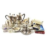 Collection of silver plated items including coffee pot, chamber candlestick, sauce boats, soup ladle