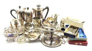 Collection of silver plated items including coffee pot, chamber candlestick, sauce boats, soup ladle