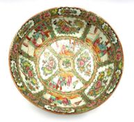 19th century Cantonese porcelain punch bowl, painted in famille rose enamels with panels of figures